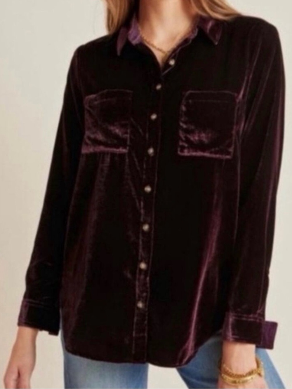 Anthropologie Maeve Purple Velvet Button Down Shirt Blouse Size 4